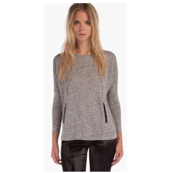 MAJE Gray Linen Goat Leather Trim Pockets 3/4 Sleeves Tee Shirt Size Small - Picture 1 of 12